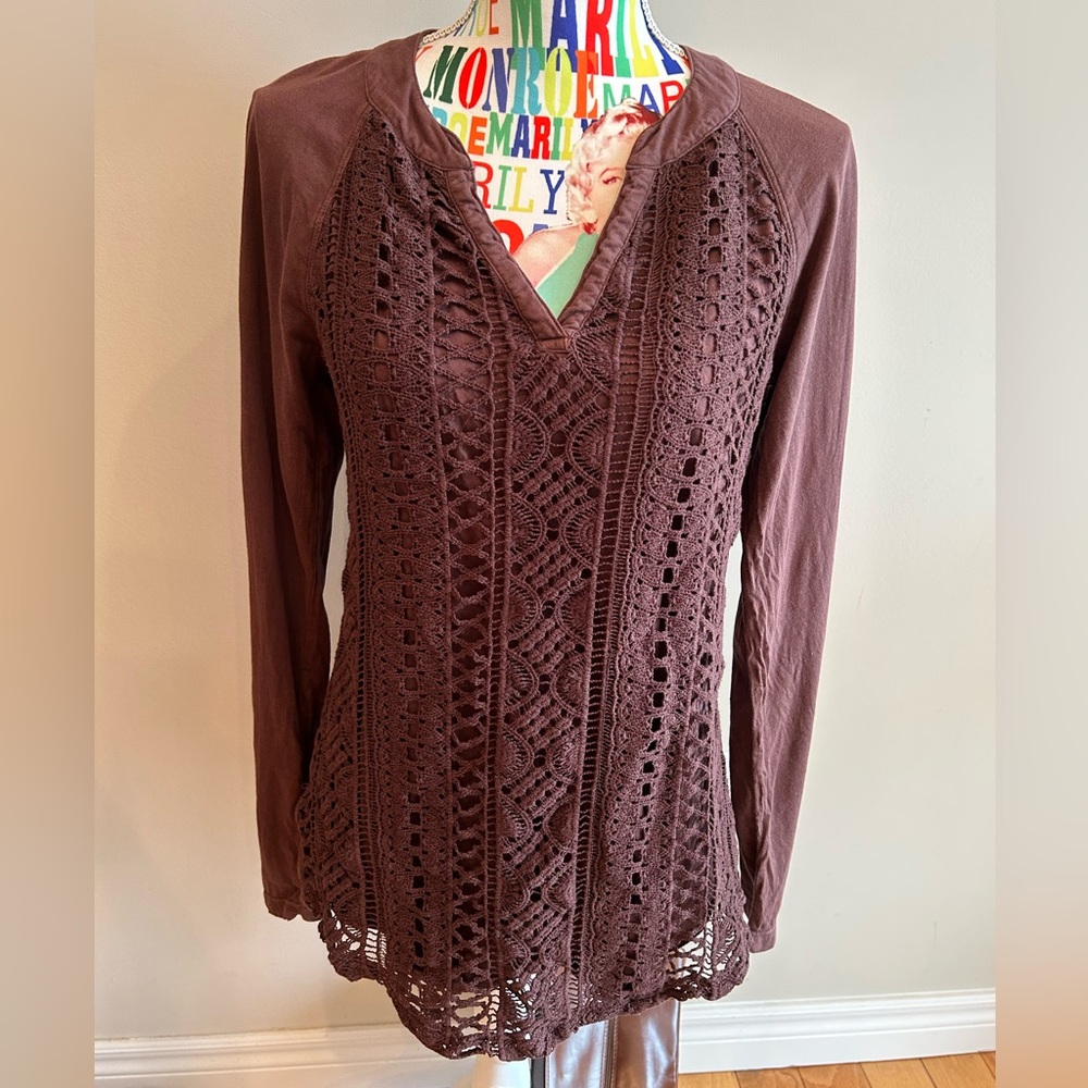 XCVI Chocolate Brown Crochet Overlay Long Sleeve Top 100% Cotton